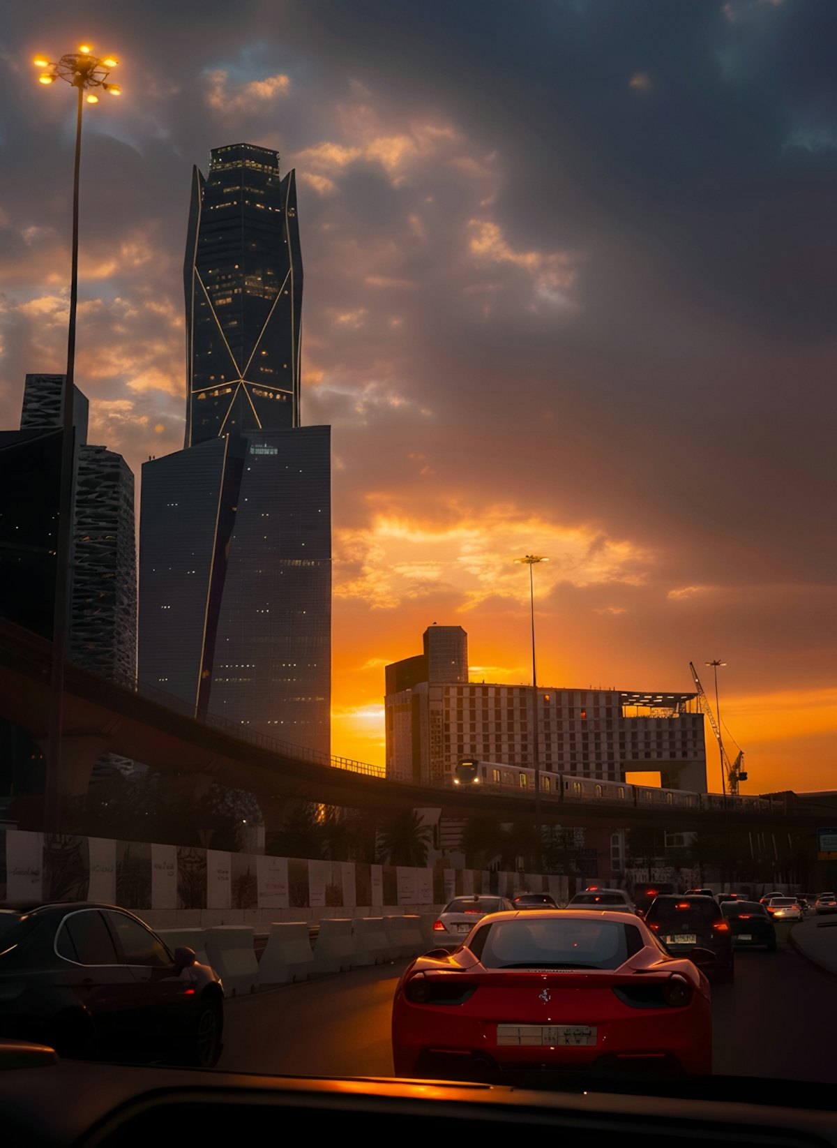 King Abdullah Financial District sunset traffic for riyadh travel safety context