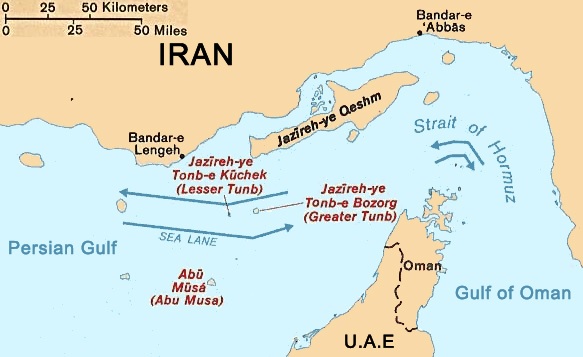 Map of the Strait of Hormuz, the chokepoint central to escalation risk